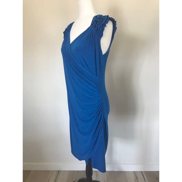 FRANK LYMAN Ruffled Cap Sleeve Dress Size 10 Royal Blue Ruched Waist Stretchy - Picture 4 of 8